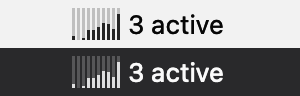 The menu-bar icon, a tiny live graph next to 2 active, in light and dark mode